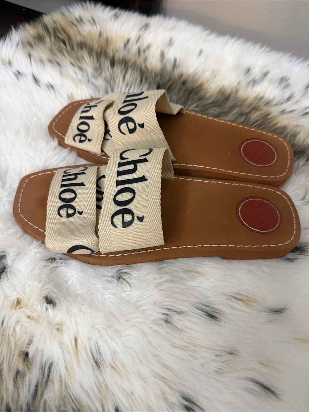 Chloé Cream Logo Canvas Slide Sandals with Tan Footbed - Picture 2 of 5